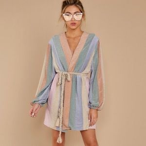 STORIA Rainbow Striped Balloon Sleeve Robe Dress